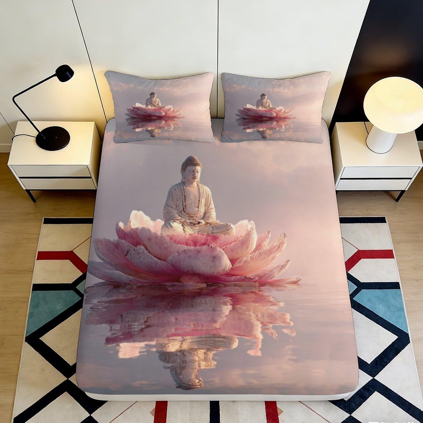 3D Printed Buddha on Lotus Fitted Sheet Microfiber Non-slip Bed Cover Art for Bedroom Guest Room Easy Care 90x200x25cm
