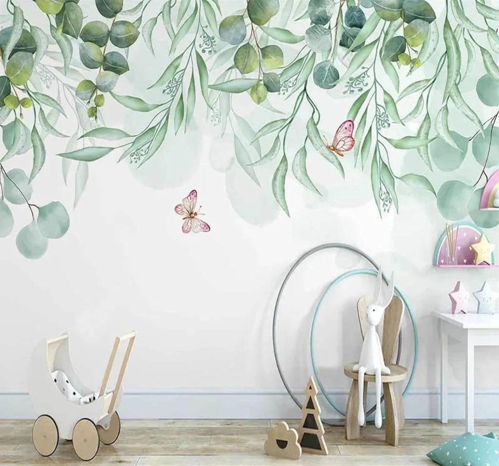 Tzxztt Hand Drawn Watercolour Green Leaves Vines Butterflies Modern 3D Wallpaper Premium Textured Silk Neutral Tones Material Ideal for Living Room Bedroom-250cm×170cm
