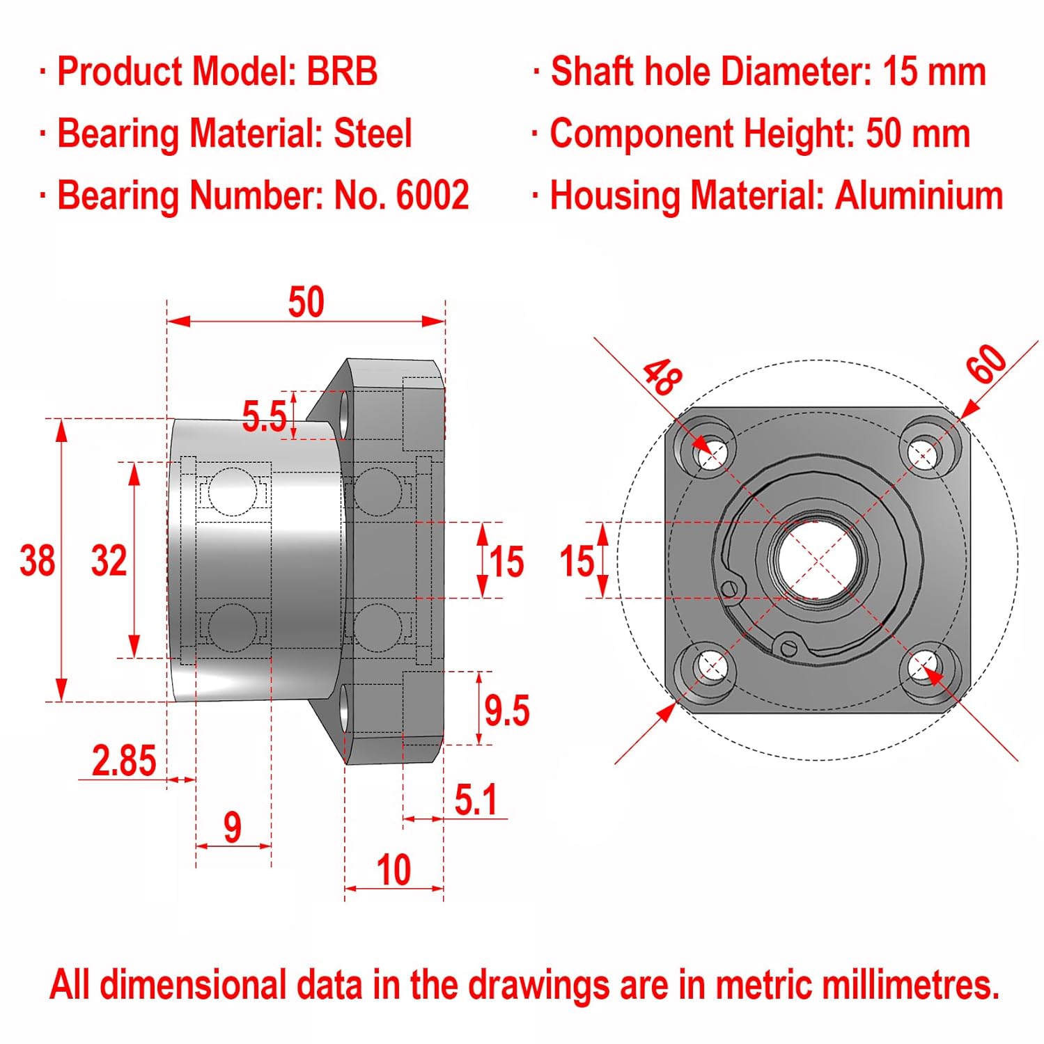 AUZHU- BRE - Metric- Double Bearings with Housing, Aluminium Alloy Round Flange Seat, Configurable Length, Deep Groove Ball Bearings with Retaining Ring Size: D 15 mm, L 50 mm, Bearing No.6002