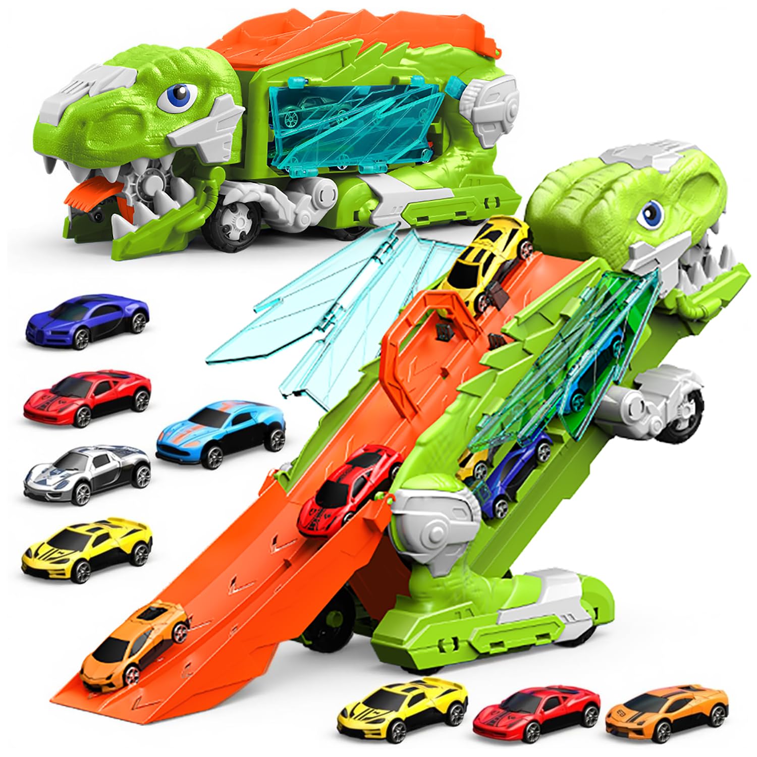 Dinosauro Camion Giocattolo con 8 Macchinine, Dinosauri Trasformabili per bambini 3 4 5 6 7 8+Anni,Garage,Set Pista da Corsa,Transforms in Dino con Ali,Camion Furgoni,Regali di Compleanno per Bambini