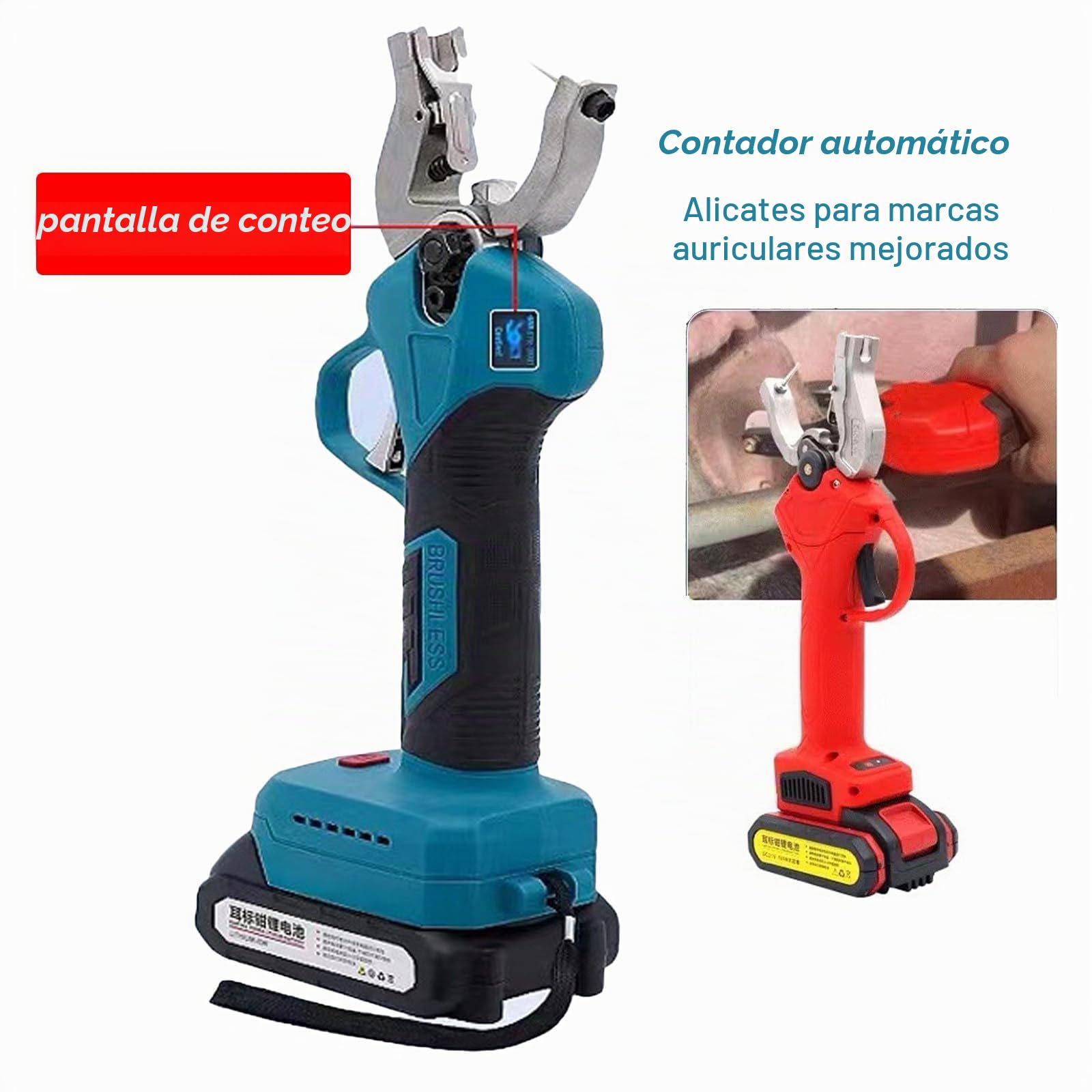 Aplicador eléctrico de Crotales para Ganado - Alicates de Rebote automático con baterías - Ideal para Cerdos, Vacas, ovejas y Conejos - Fácil conteo y etiquetado