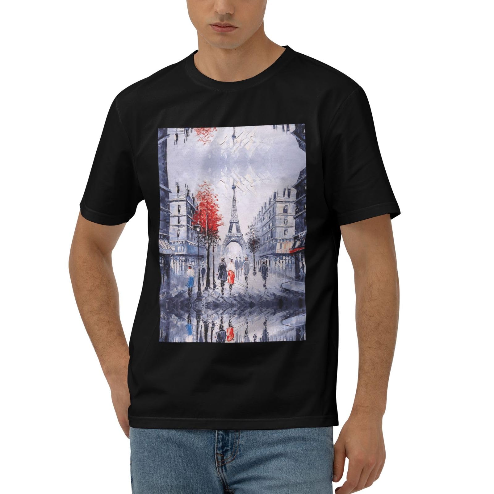 Sdegtho Men's Black Paris City Tree Eiffel Tower Art Soft Stretch Daily Wear T-Shirt For Modern Fit Short Sleeve Casual Comfortable Tee For Home