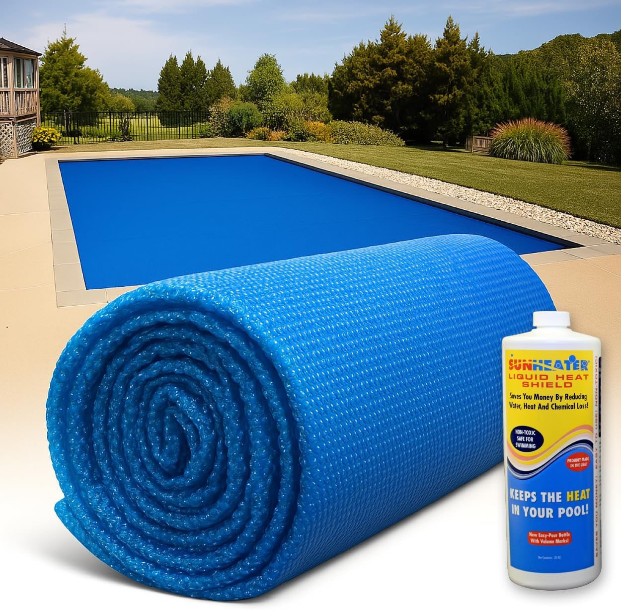 SunHeater Solar Pool Heating Bundle – 18' x 36' Heavy Duty Solar Blanket + Liquid Heat Shield – for In-Ground & Above-Ground Pools – Retain Heat, Reduce Evaporation, Save Water & Chemicals Blue 18'x36'