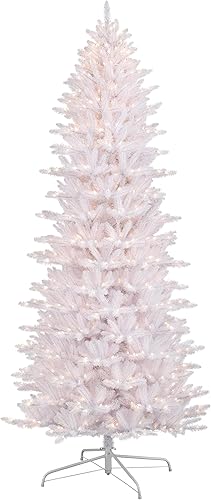 Puleo International Árbol de Navidad artificial de abeto Fraser blanco delgado preiluminado de 9 pies con 800 luces transparentes