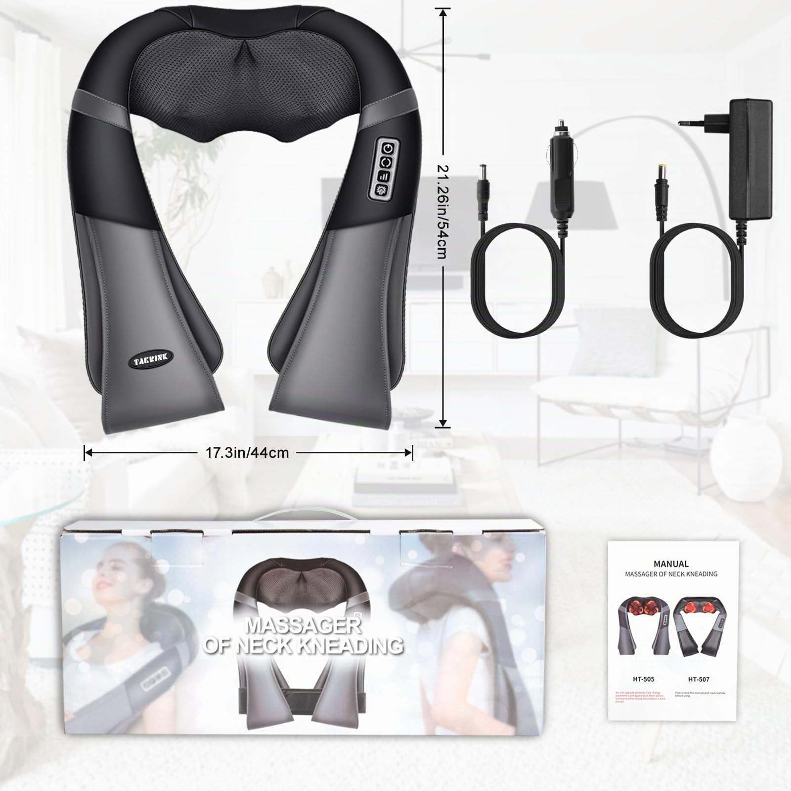 TAKRINK Masajeador Shiatsu 16 Cabezales de Masaje Integrados Masajeador de Hombros Cuello 3 Niveles de Velocidad Dirección Ajustable Relajación con Calor en Oficina Casa