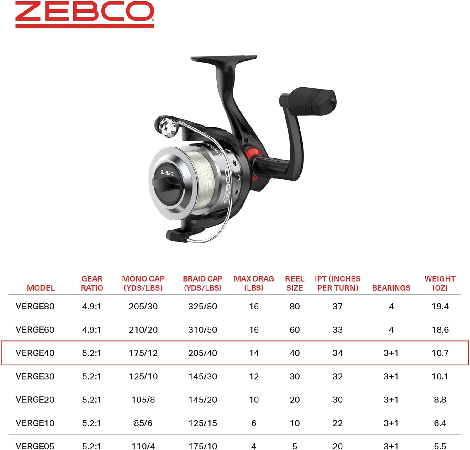 Zebco Verge Spinning Fishing Reel, Right or Left-Hand Retrieve, Pre-Spooled with Zebco Fishing Line, All-Metal Gears, TRU Balance Rotor, Black