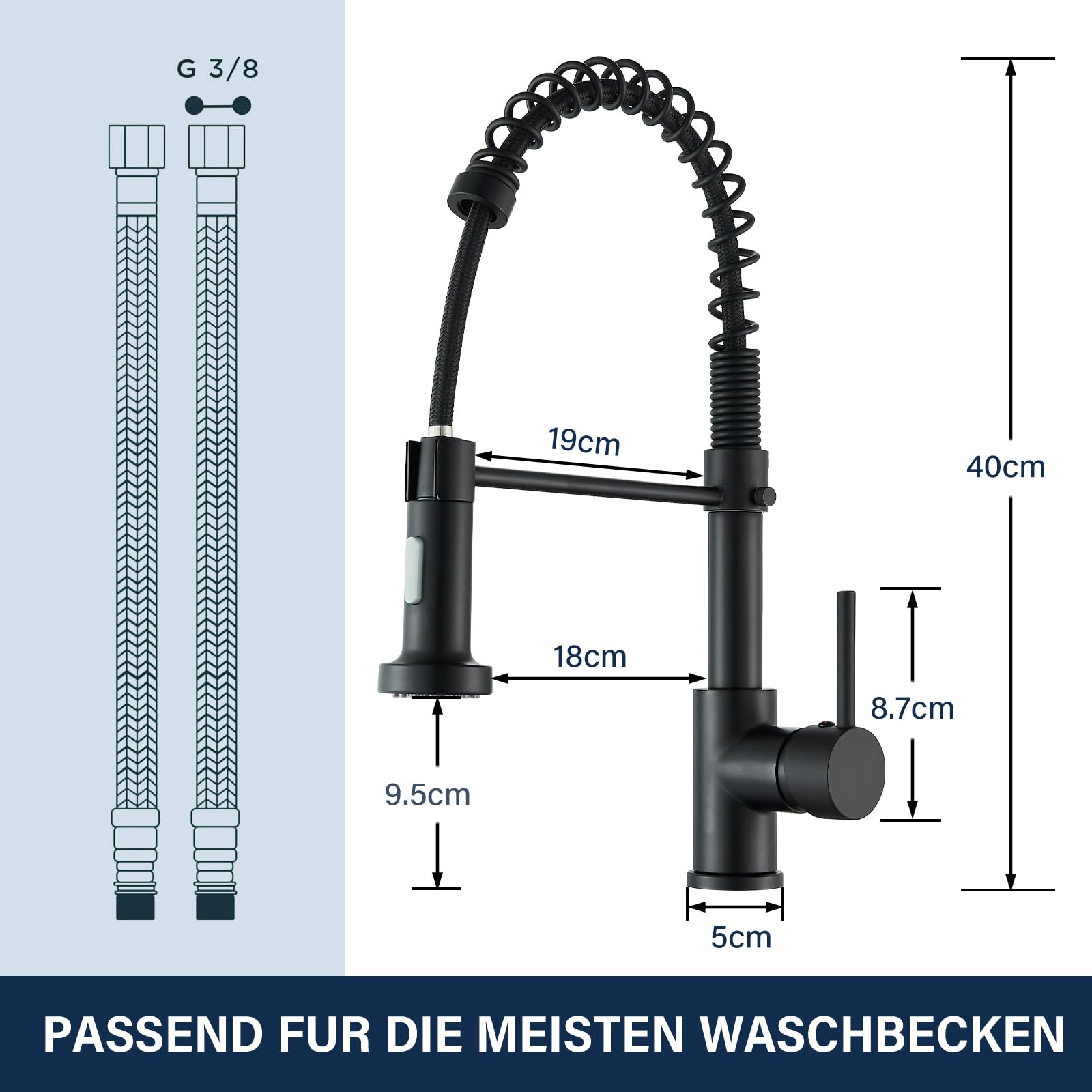 Wasserhahn Küche Schwarz Küchenarmatur mit Brause Mischbatterie Küche 360° Drehbar 2 Sprühfunktionen Spültischarmatur