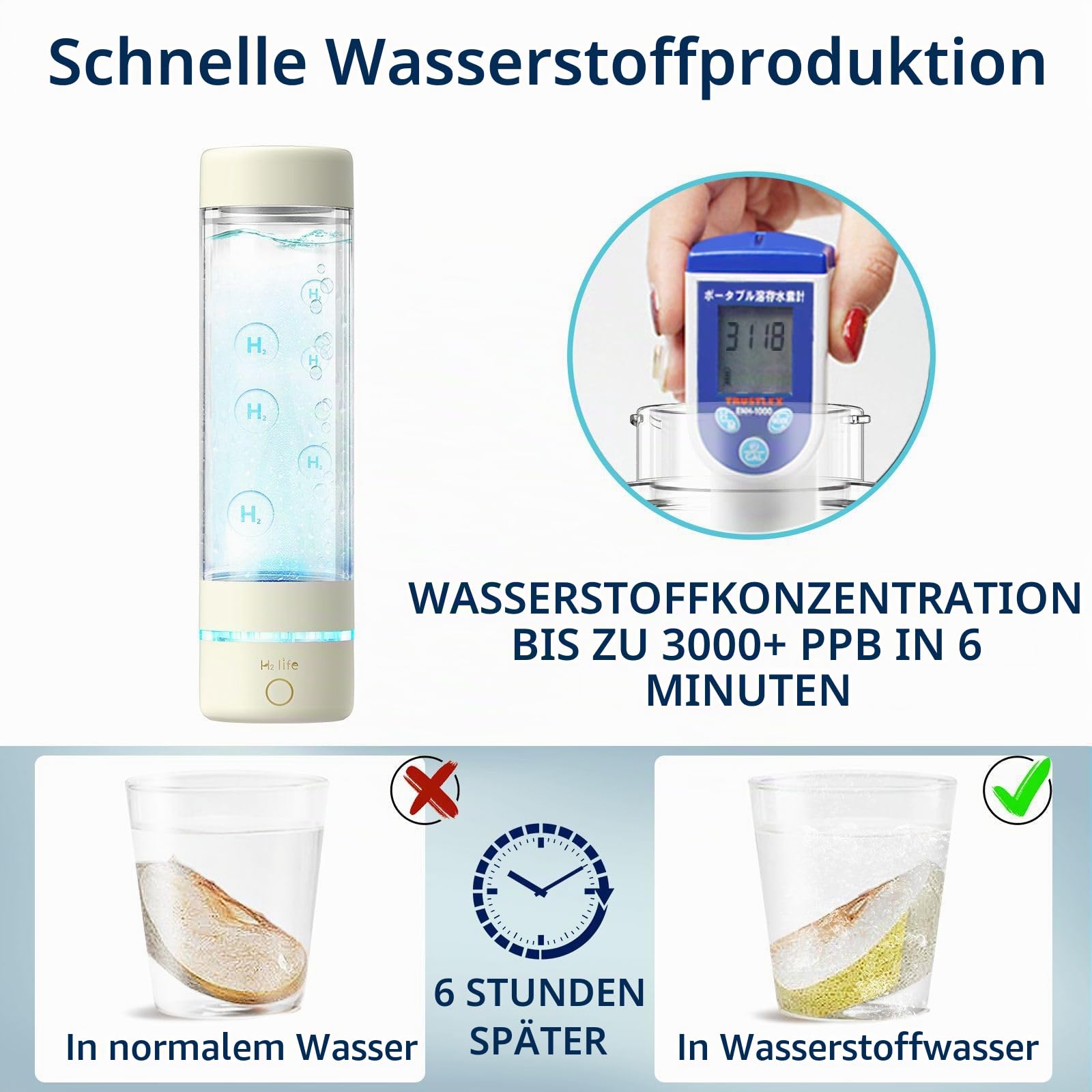 Wasserstoffwasser Wasserstoff-Wasserflasche 3000PPB wasserstoff generator wasserstoff wasser generator SPE Pem-Technologie, Tragbar, USB Wiederaufladbar (milchig weiß)
