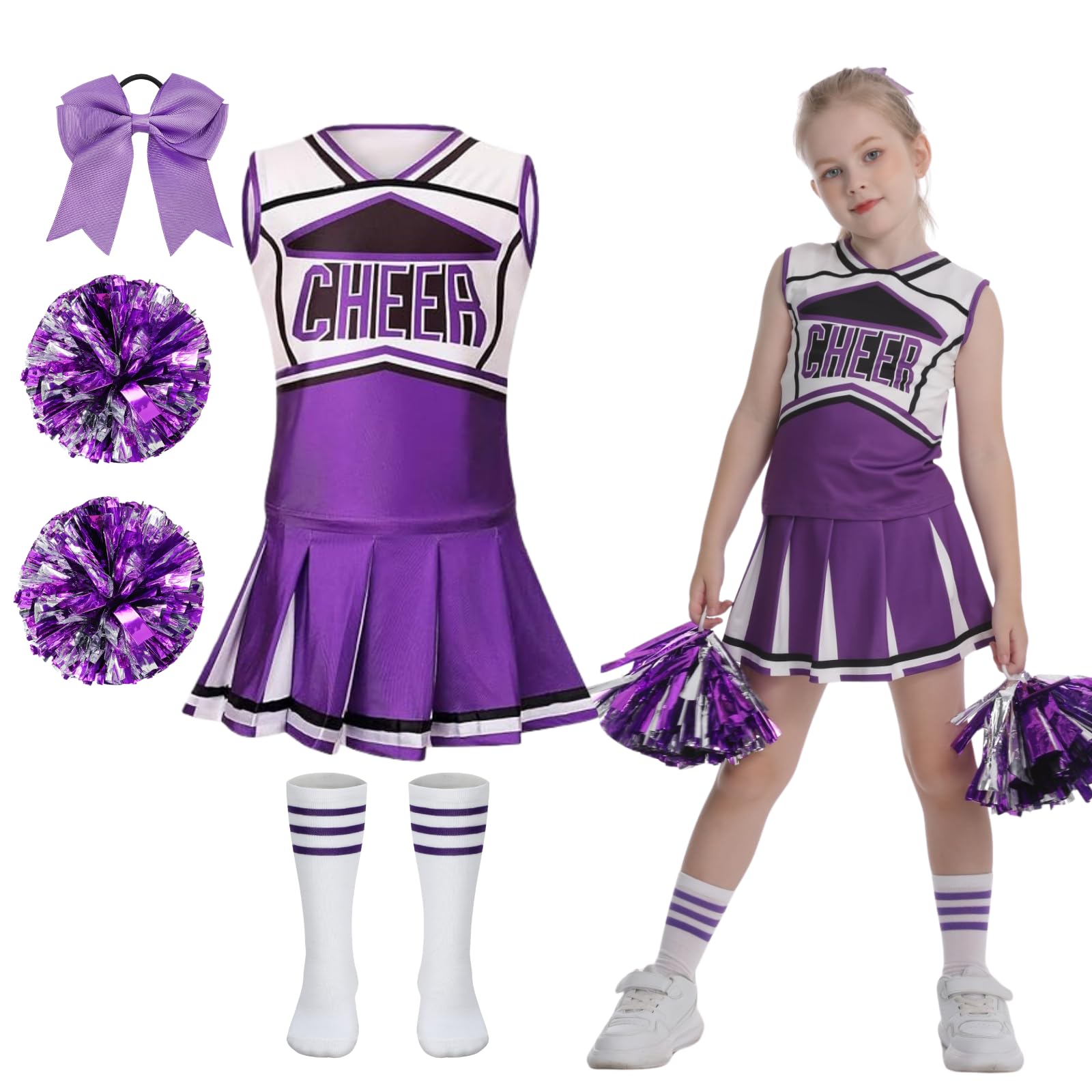 DELIVESS Cheerleader Costum for Girls Cheerleading Outfit Kids School Cheer Uniform 5 Pcs Set for Halloween Party Dress up 12-14 Years (160, Purple)