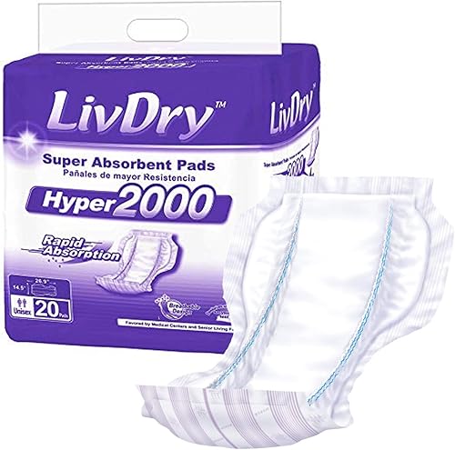 LivDry Inserto de almohadilla de alta absorción para calzoncillos de incontinencia y pañales para adultos, mujeres y hombres, Hyper 2000 (20