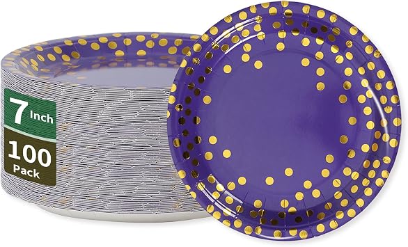 100Pcs Purple and Gold Paper Party Plates for Halloween 7Inch