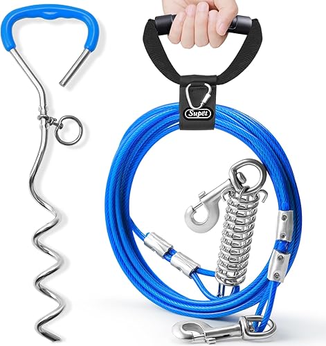 Cable de amarre para perros y estaca para campamento en el patio, cable de corredor de perro de 101632 pies con resorte de choque y mango sin