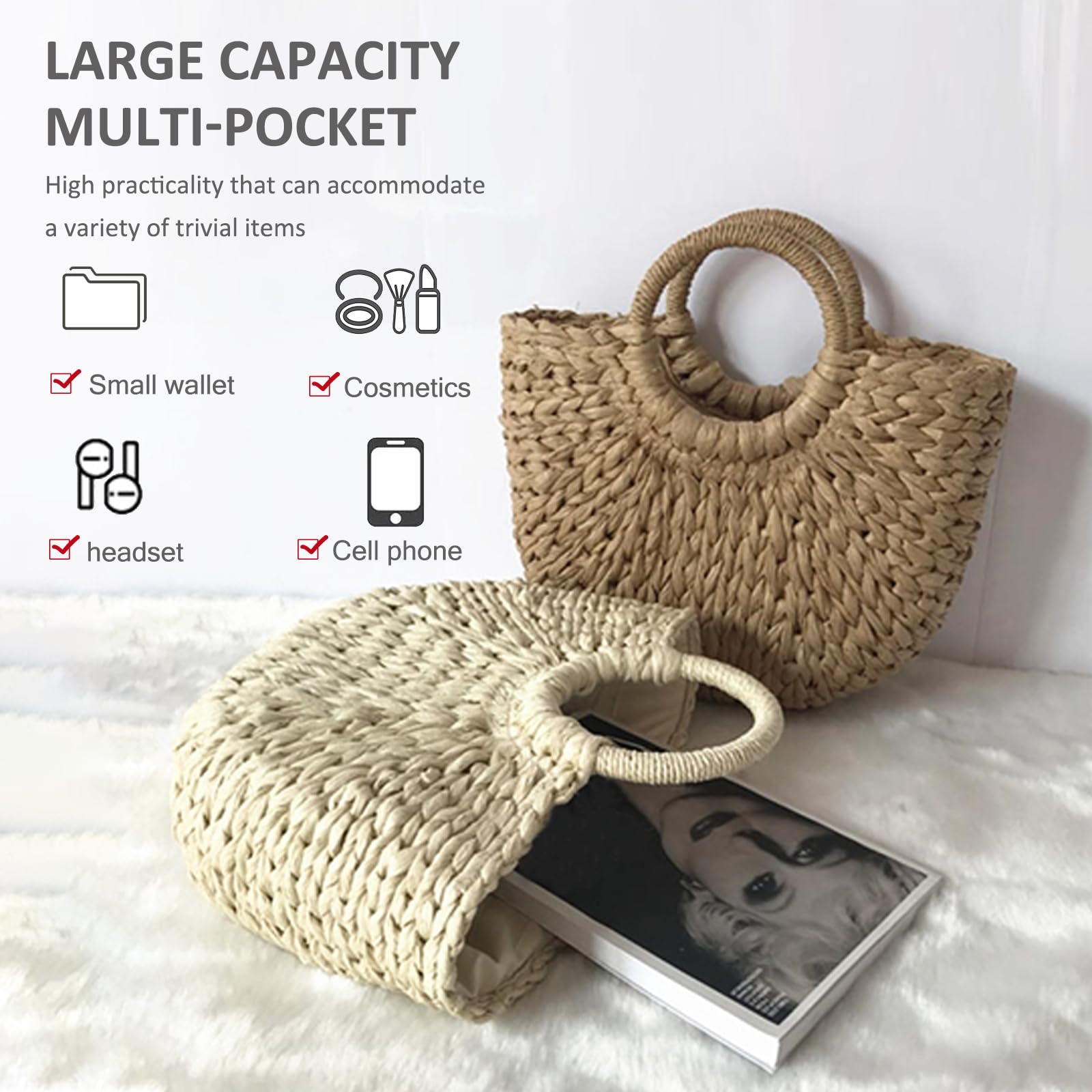 NICOLE & DORIS Bolsa de Playa de Verano Bolso de Paja Mujer Bolsos de Mano Multicolor Bolsa Tejida de Ratán para Viajes en la Playa y Uso Diario Blanco y Negro