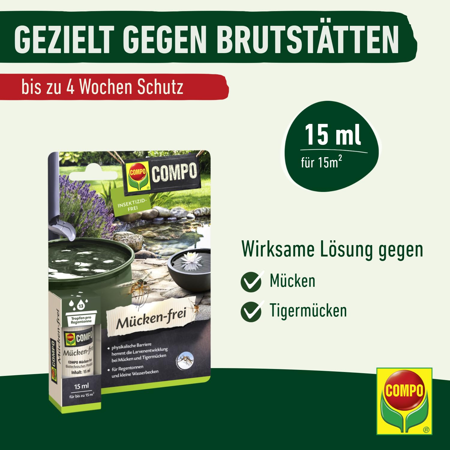 Compo Mücken‑frei, 15 ml – Physikalische Barriere gegen Mücken‑ und Tigermückenlarven, für Regentonnen & Teiche, bis zu 4 Wochen Schutz gegen Mückenlarven & 100 % pflanzlich