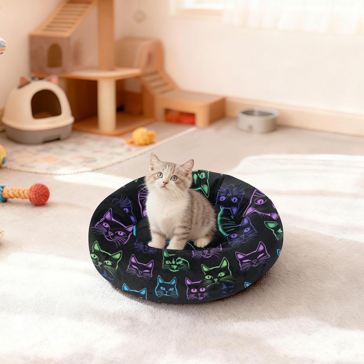 Pet Dog Bed Donut Cuddler Fluffy Cat Pillow Bed for Small Size Pets Supplies M Cute Cat Silhouettes