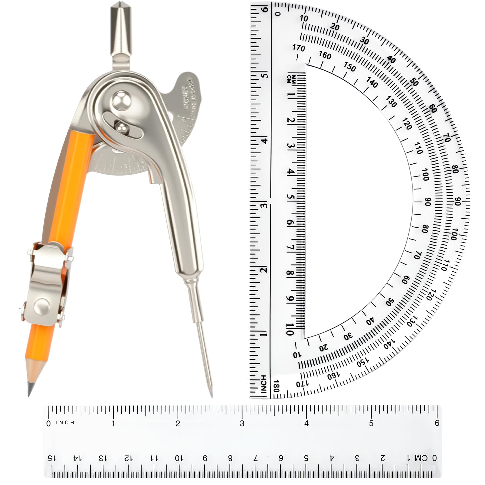 Geometrie-Mathematik-Kompass für Geometrie, Mathematik, Kompass und Winkelmesser, Set mit Metallzirkel mit Bleistift, Kunststoff-Lineal und Winkelmesser, für Studenten, Schule, Büro, Holzbearbeitung
