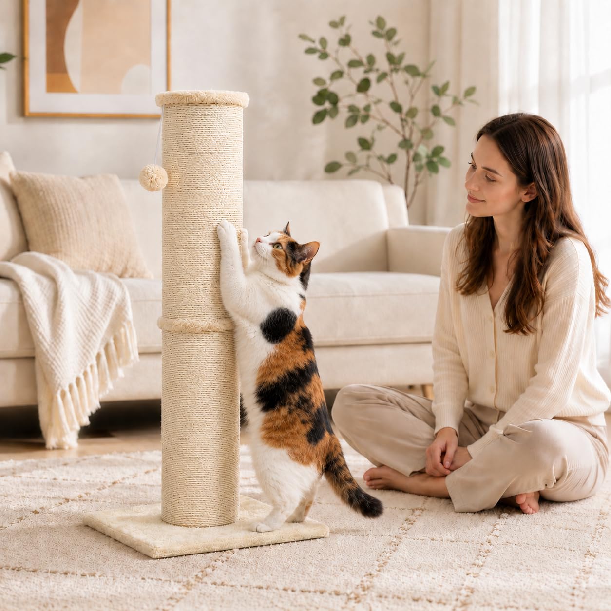 PAWSCRAT Tiragraffi per gatti alto 81 cm, diametro 14 cm, in sisal naturale, resistente ai graffi e durevole, per gatti interni, protegge i tuoi mobili, beige