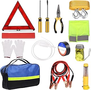 Glarks 13Pcs Car Roadside Emergency Kit with Warning Triangle, Safety Vest, Jumper Cable, Tow Strap, Flashlight, Oil Sucti...