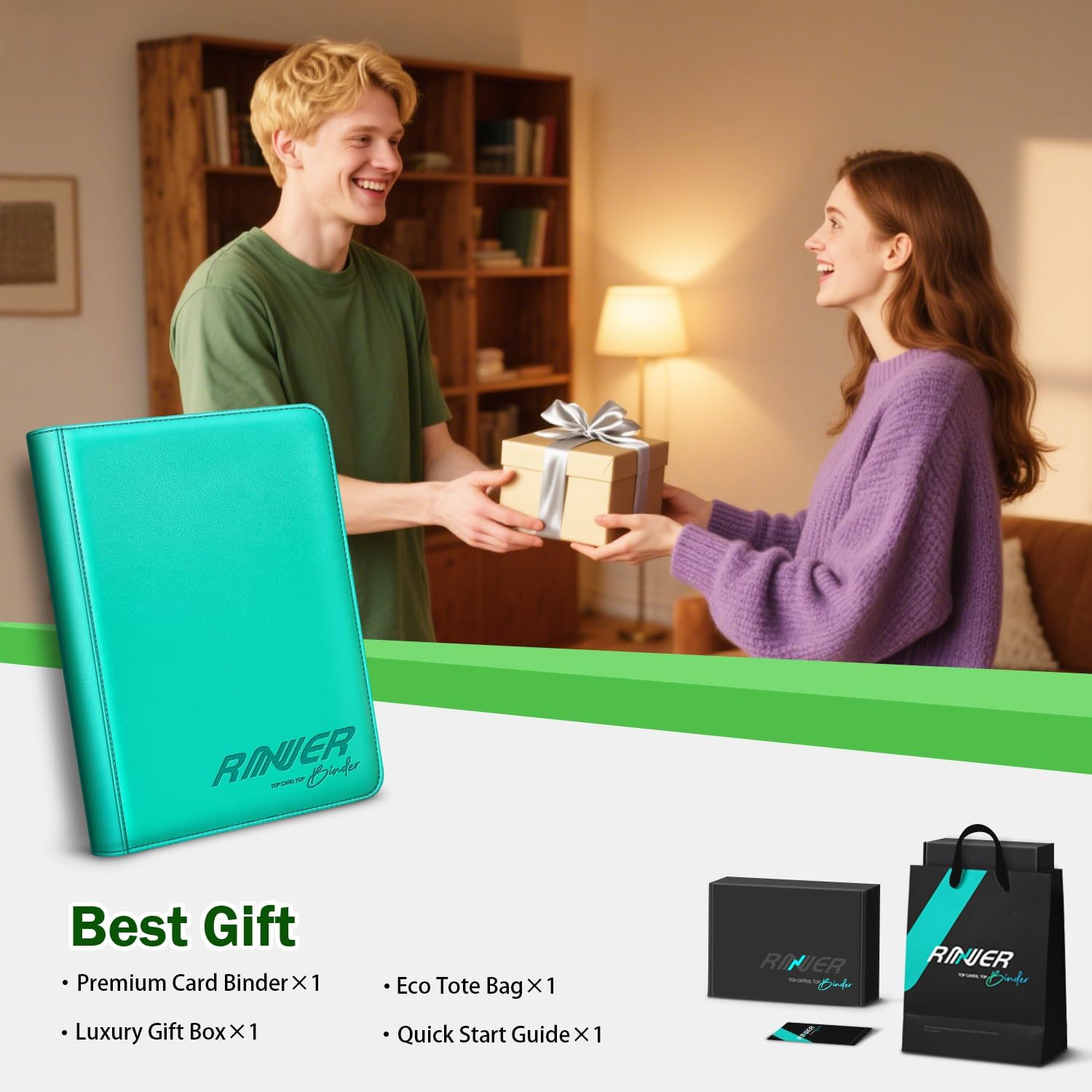 Card Binder 9 Pocket, Holds 540 Trading Cards with Side-Loading Sleeves, Cards Collection Zip Album Premium PU Folder Holder for Sports Cards, TCG, MTG (Green)