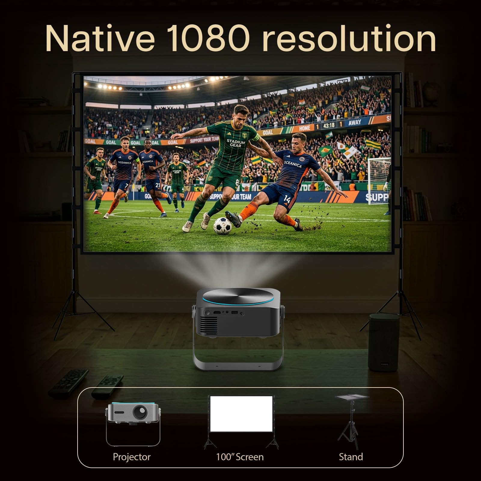 Projektor 4K z WiFi i Bluetooth, 100” Ekran Projekcyjny i Stojak od MMOBIEL – Native 1080P, 320 ANSI, Obsługa 4K, Automatyczna Korekcja Keystone, 200 Cali – Do HDMI, USB, iOS & Android