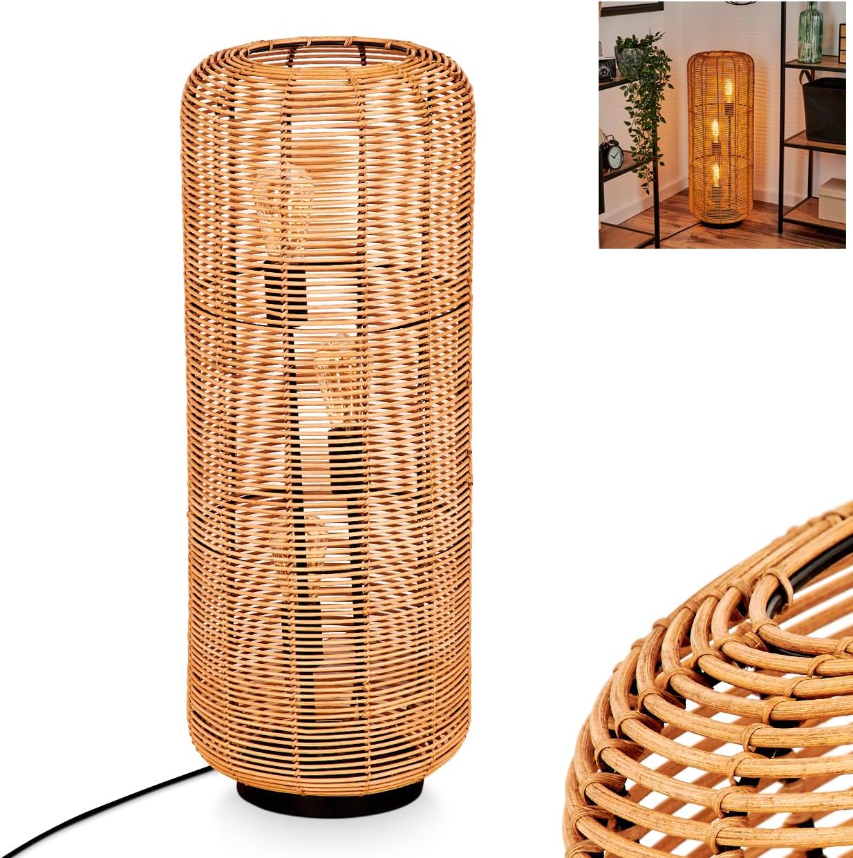 Mulstrand Floor Lamp Modern Floor Lamp Made of Metal/Rattan in Black/Natural Boho Design Lamp with Grid Shade On/Off Switch on Cable and Light Effect 3 x E27 Bulb Not Included