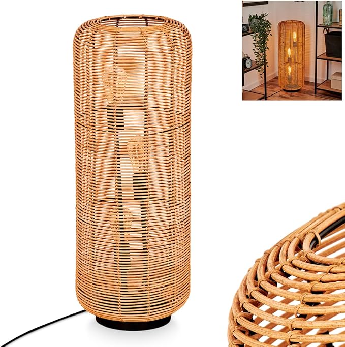 hofstein Floor lamp mulstrand, modern floor lamp of metal/rattan in black/natural, lamp in boho-design with shade in grid look, on/off switch on the cable and light effect, 3 x E27, without bulb