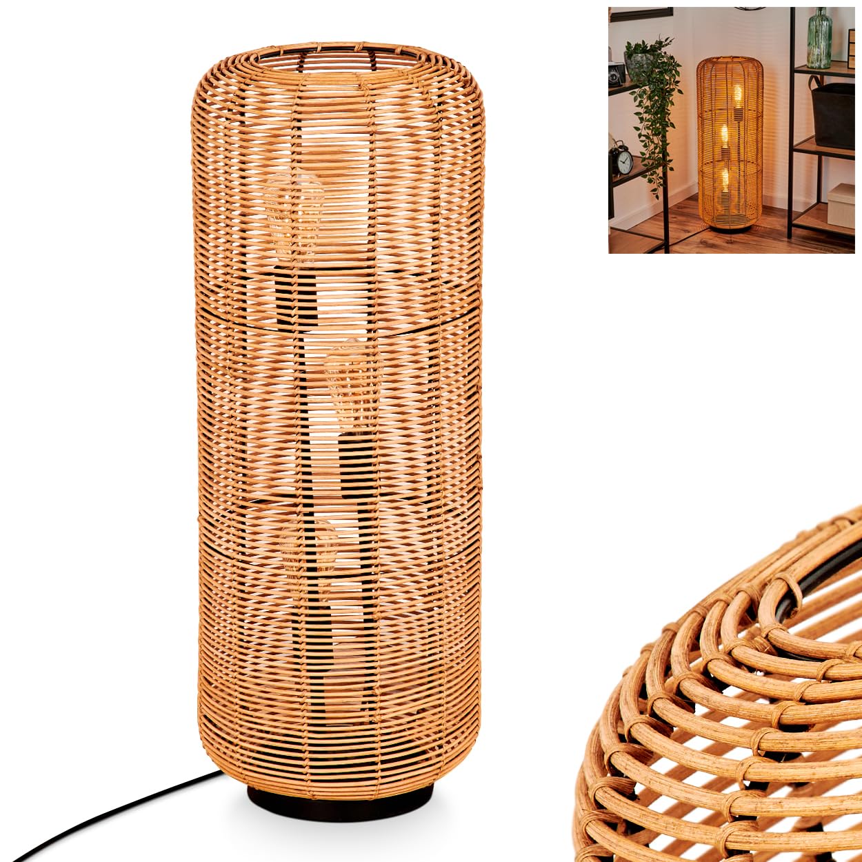 Lampadaire Karby, En Métal/corde Noir/marron/doré, Lampe Au Design Bohème Avec Abat-jour à Effet Grillagé ( 30 Cm), Hauteur 105 Cm, Interrupteur Marche/arrêt Sur Le Câble, 3 X E27, Sans Ampoule