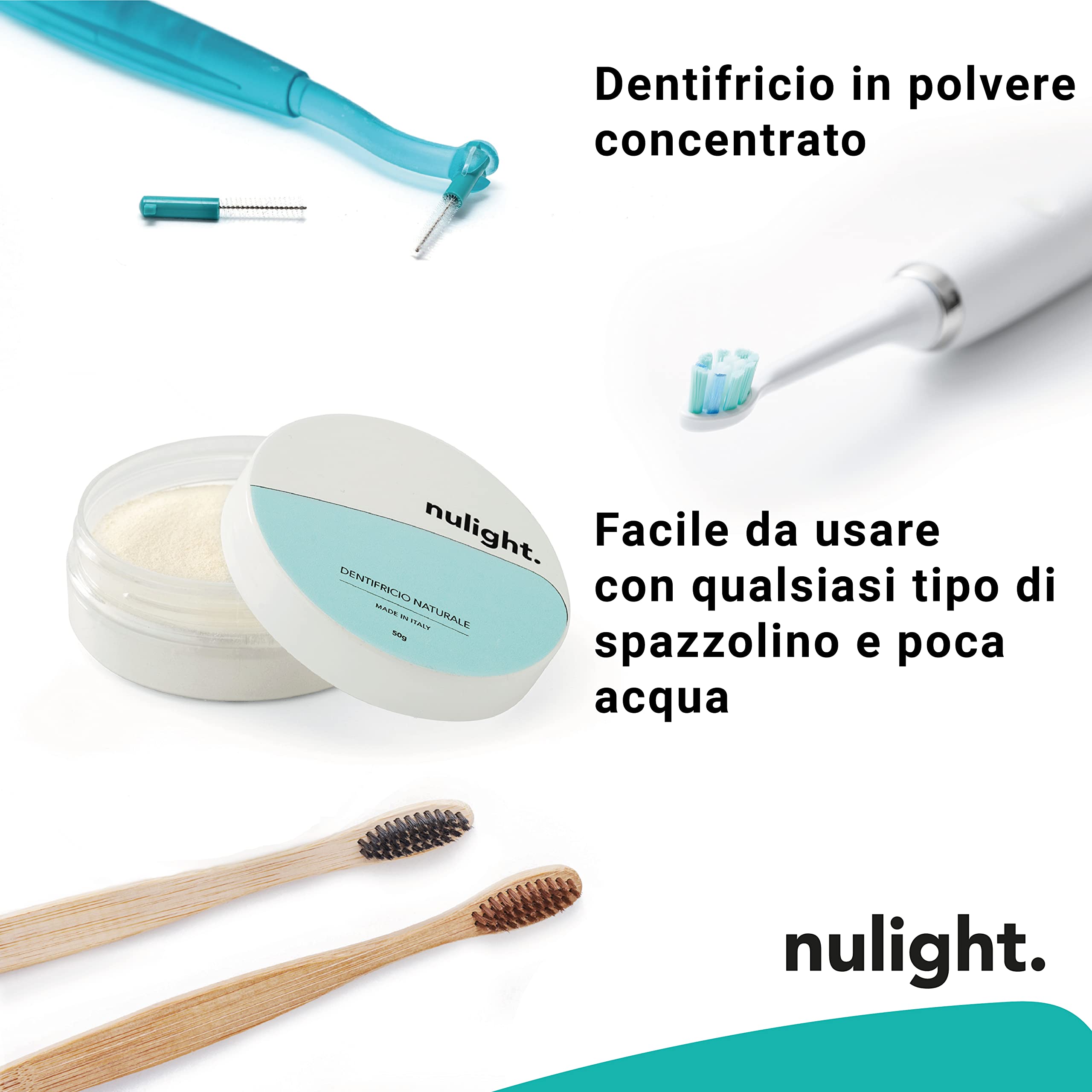 Nulight Dentifricio in Polvere per Sbiancamento Denti Professionale Senza Fluoro per Gengive e Denti Bianchi Sensibili Made in Italy Vegano Bambini e Adulti 50g (1)