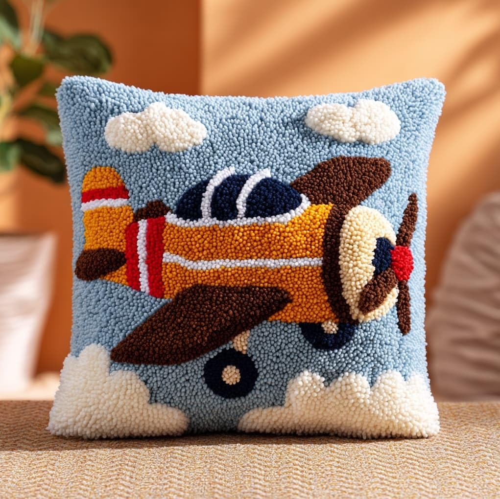 Wallustrioaw Latch Hook Kits For Adults,Cartoon Airplane,Diy Latch Hook Kit Cushion Throw Pillow Embroidery Craft For Beginner Christmas,Birthday Gifts,17X17in