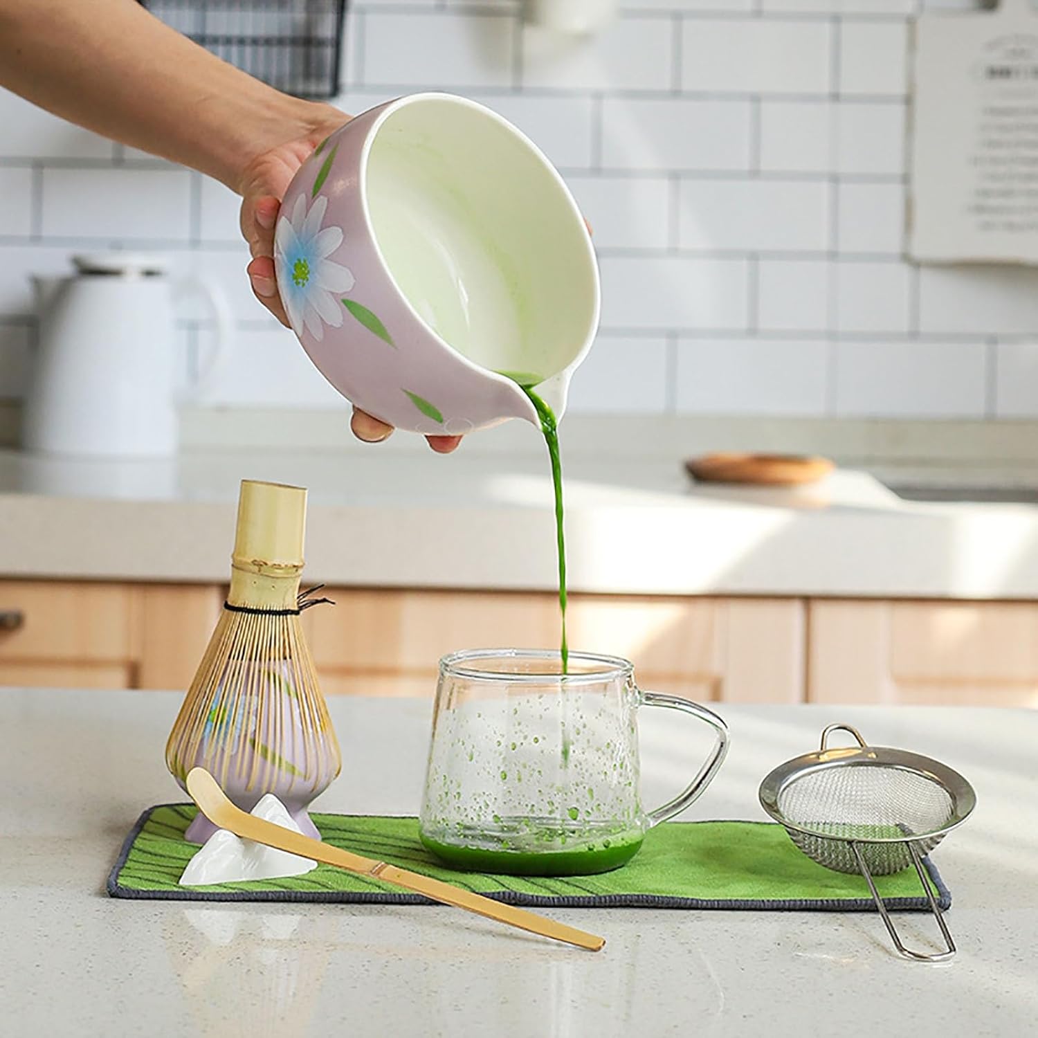 7-piece Matcha Whisk Starter Set Including Matcha Bowl, Matcha Whisk And Stand, Sieve, Spoon, Cloth Mat, Gift For Matcha Lovers(With mouth)
