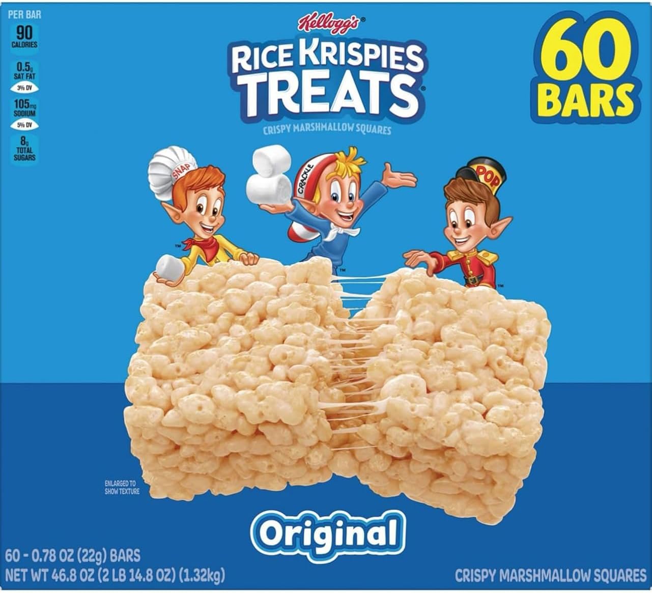 Rice Krispie's Treats Marshmallow Bars, Original, 60 Count Mini Squares, Sweet Crispy Marshmallow Cereal Kids Snacks, Lunch Snacks, Grab n' Go, Original Individually Wrapped (60 Count, Original)