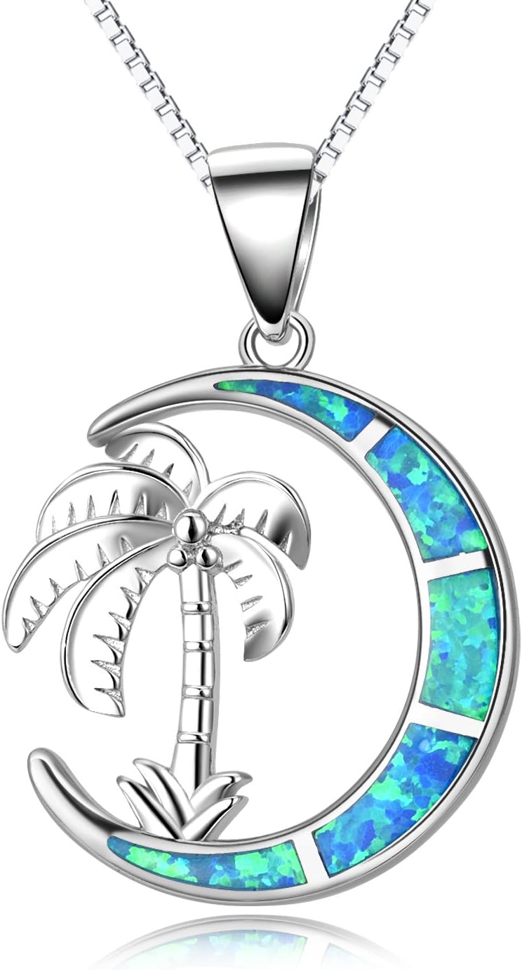 SOULMEET Palm Tree Jewelry Necklace for Women Sterling Silver Simulated Opal Necklace for Her