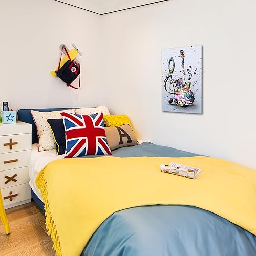 Miniatura 4 de KREATIVE ARTS Lienzo de guitarra para estudio de música y decoración de habitación, obra de arte enmarcada, estilo graffiti, nota musical, arte de