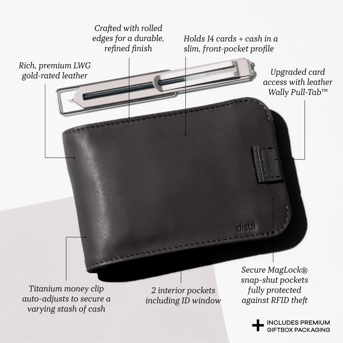 Distil Union Wally Bifold 5.0 Premium RFID Wallet with Titanium Money Clip - Slim Bifold Wallet for Men, Full Grain Leather, Minimalist RFID Card Holder - Holds 14 Cards & 30 Bills - Black - Image 2