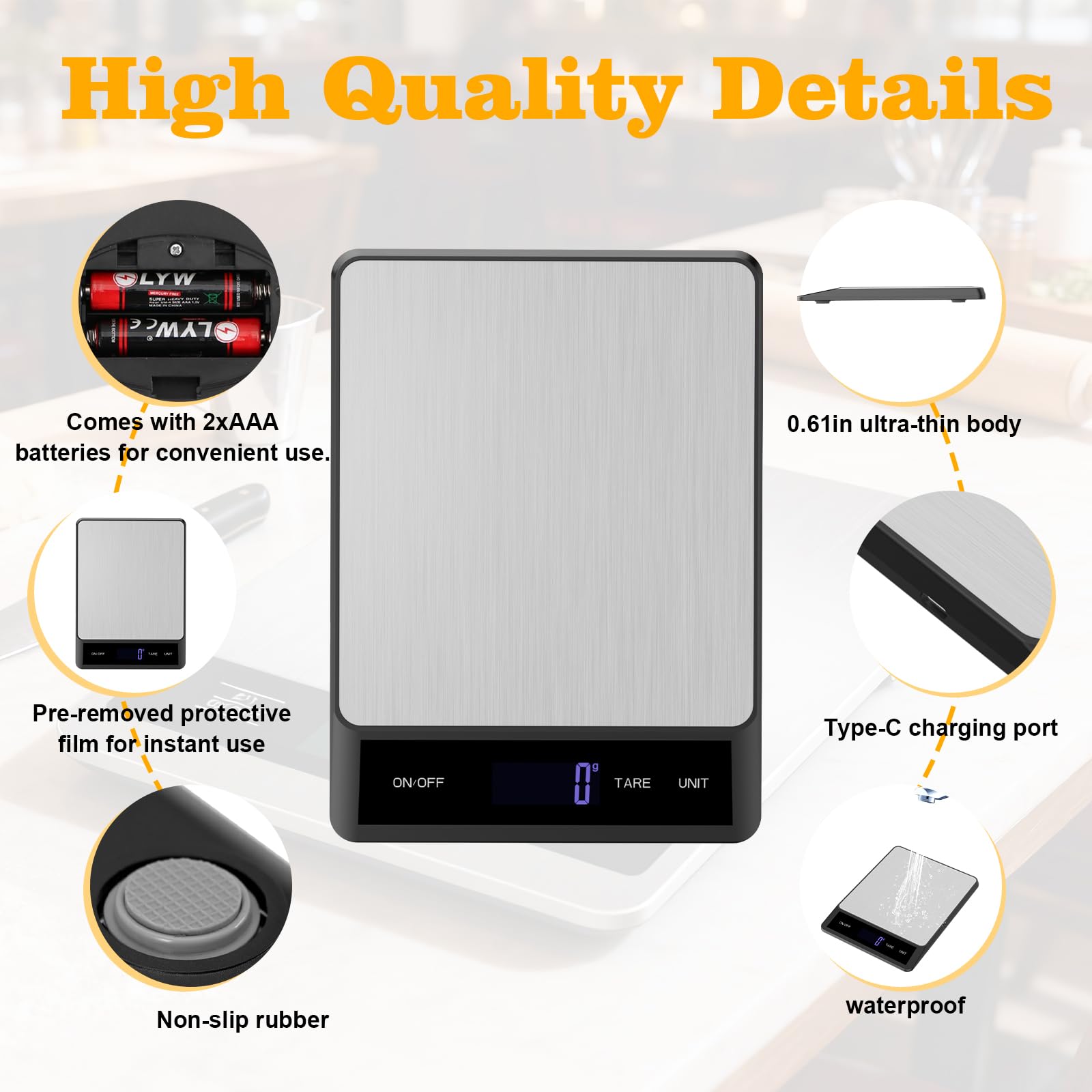 Lebensmittelwaage Gramm und Unzen – Digitale Küchenwaage, 15 kg, 1 g Genauigkeit, wiederaufladbares Typ-C-Aufladen, mit Batterien, Edelstahl, leicht zum Kochen, Backen, Mahlzeitenzubereitung
