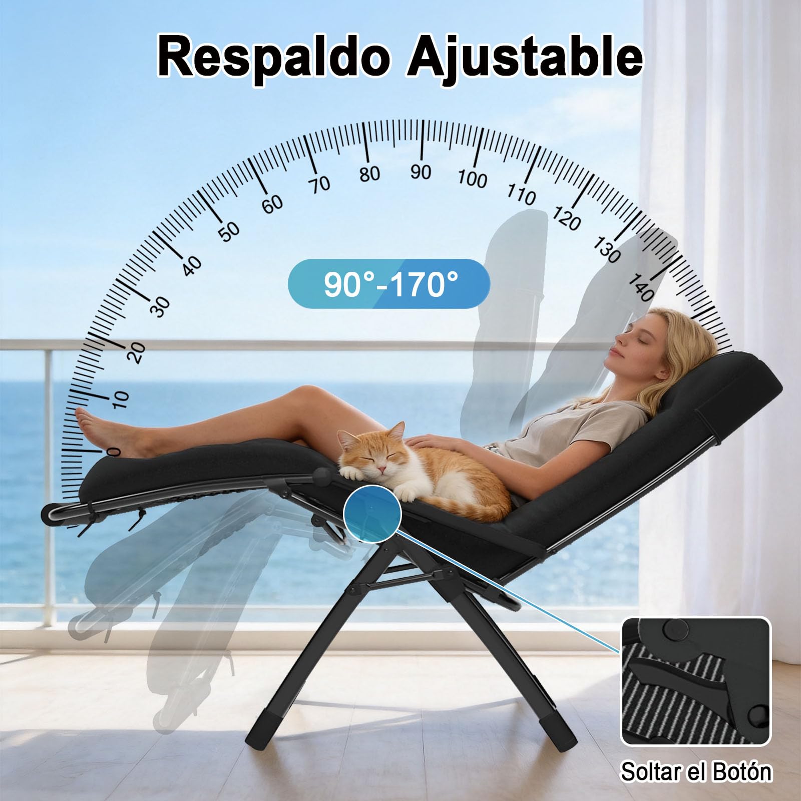 Tumbona Plegable Jardin Acolchada, Tumbonas Jardin Exterior Ajustable con Portavasos y Reposacabezas, Silla de Gravedad Cero Soporta 200 kg para Balcón Terraza (Negro, Extra Ancha 77 cm)