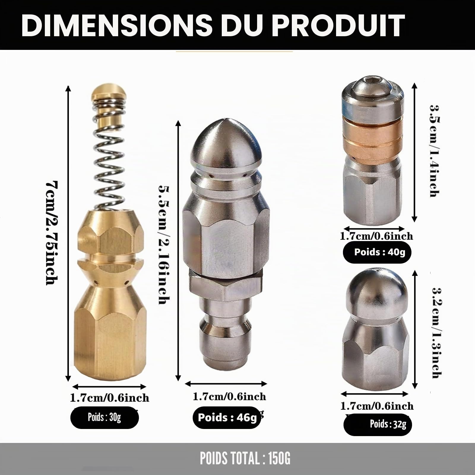 G1/4” Buses de Nettoyage de Canalisations 4pcs pour Tuyau de Nettoyeur Haute Pression | Buse rotative Buse Spirale Buse Rigide nez bouton | pour une Pénétration Optimale Toilettes lavabos évacuations