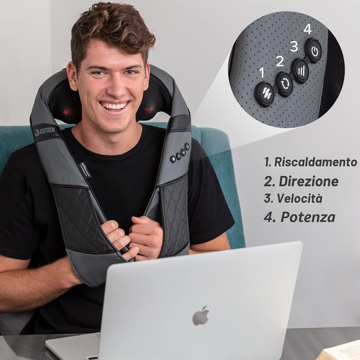 RESTECK, massaggiatore con calore per collo e schiena, cuscino per massaggi profondi 3D, shiatsu per schiena, spalle, piedi, gambe, corpo, allevia il dolore muscolare, per ufficio, casa e auto