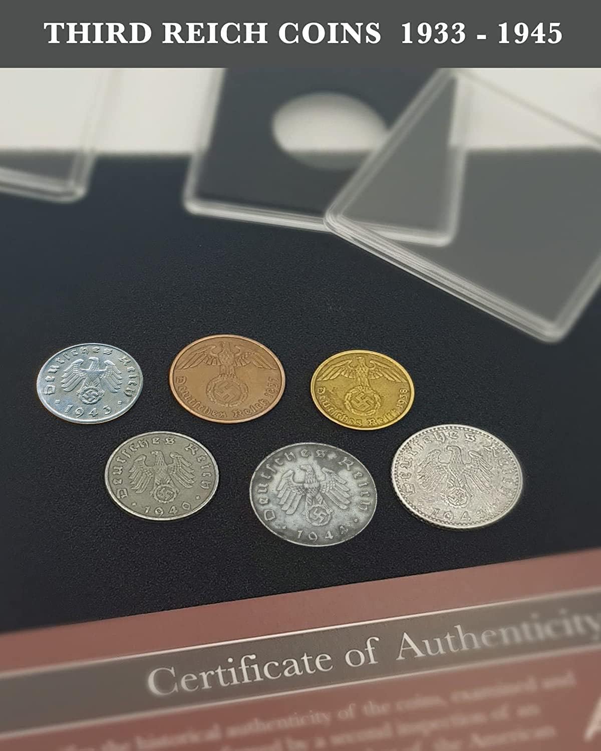 IMPACTO COLECCIONABLES | Set of 6 Authentic WWII German Coins (1936–1945) – Third Reich Historical Memorabilia Collection in Luxury Display Box – Expertly Verified with Certificate of Authenticity