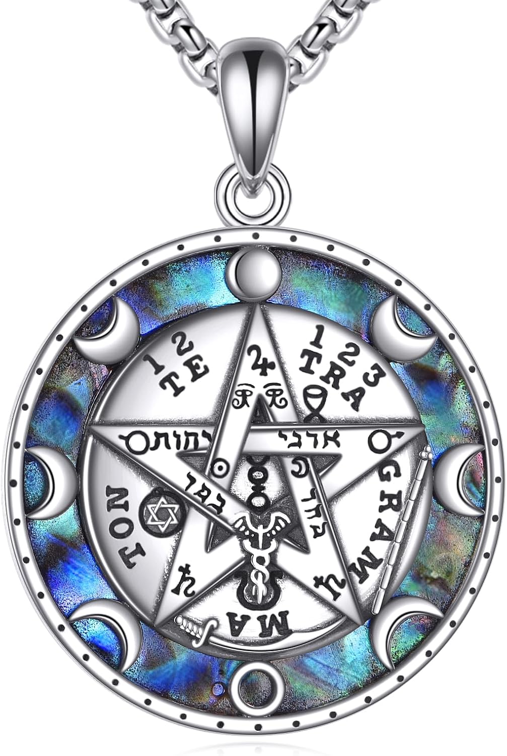 Tetragrammaton Necklace 925 Sterling Silver Tetragrammaton Abalone Shell Pentagram Pendant Necklace Wiccan Protection Amulet Pagan Jewelry for Women Men