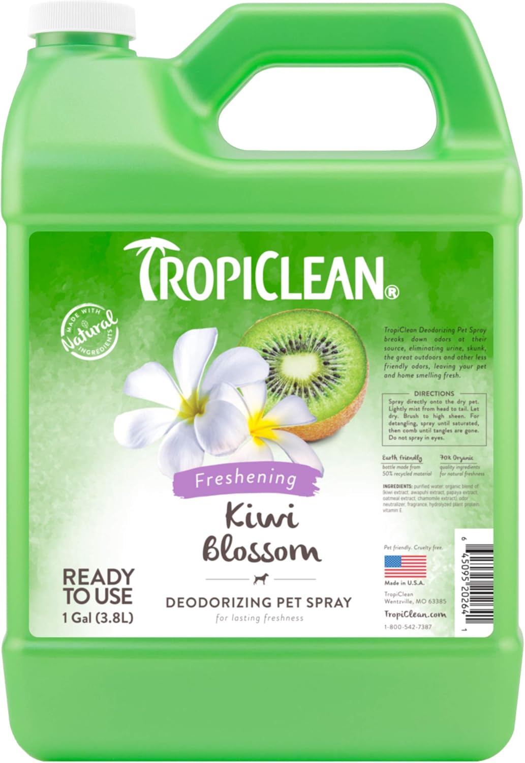 TropiClean Kiwi Blossom Deodorizing Spray for Pets, 1 gal Made in USA