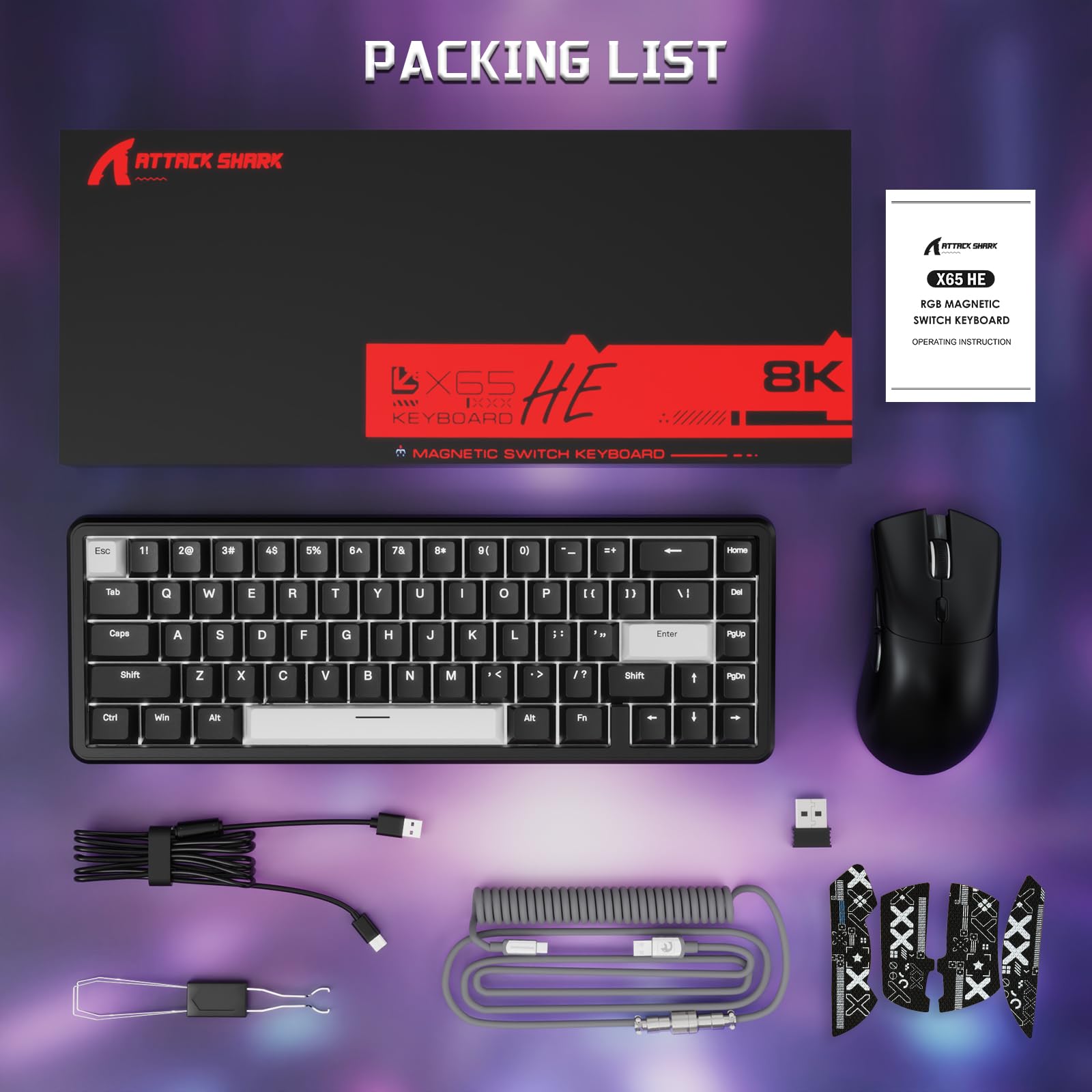 MAMBASNAKE x Attack Shark Combo De Teclado y Ratón para Juegos con Cable, Ratón Inalámbrico Superligero PAW3311 De 59g, Teclado Magnético Mini 65% De Disparo Rápido con Cable En Espiral De 8Khz-Negro