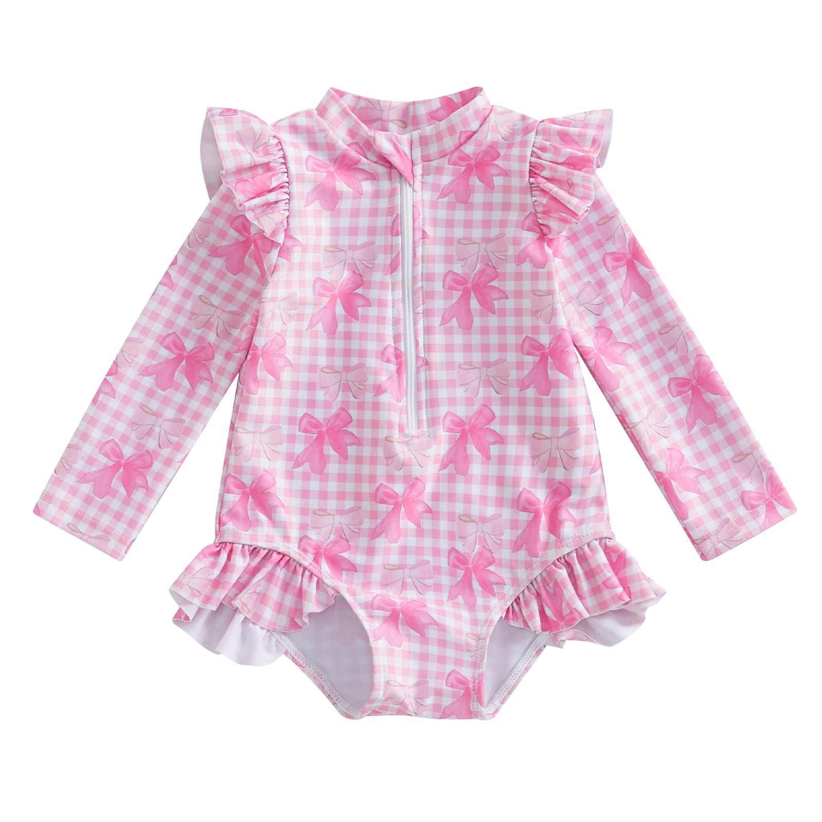 KMBANGI Toddler Baby Girl Bowknot Swimsuit Kids Rash Guard Plaid Long Sleeve One Piece Bathing Suit Ruffle Swimwear Beach (Pink, 12-18 Months)