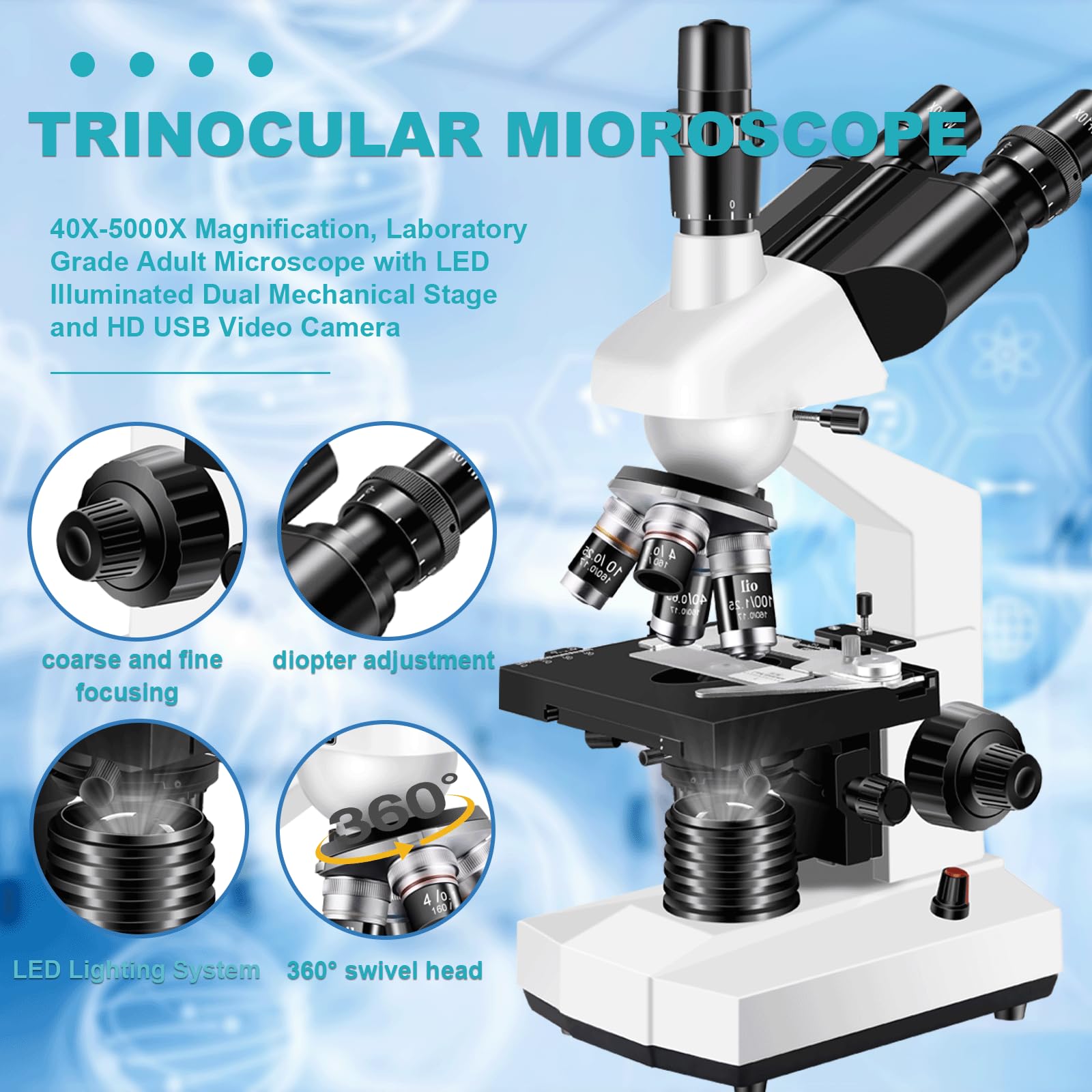 Złożony mikroskop trójokularowy powiększenie 40X-5000X, mikroskop laboratoryjny dla dorosłych, mikroskopy z oświetleniem LED, podwójna scena mechaniczna i kamera HD USB