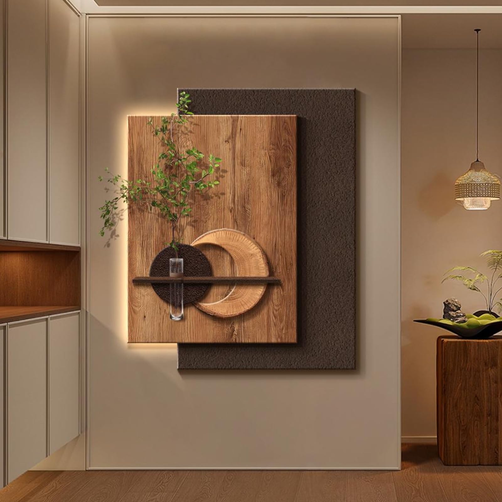 3d malowidła ścienne z kamionki, z oświetleniem LED, nowoczesne i realistyczne rzeźby roślin, idealne do sypialni salonowych (brązowy 1,65 x 80 cm/25,5 * 31,4 cala)