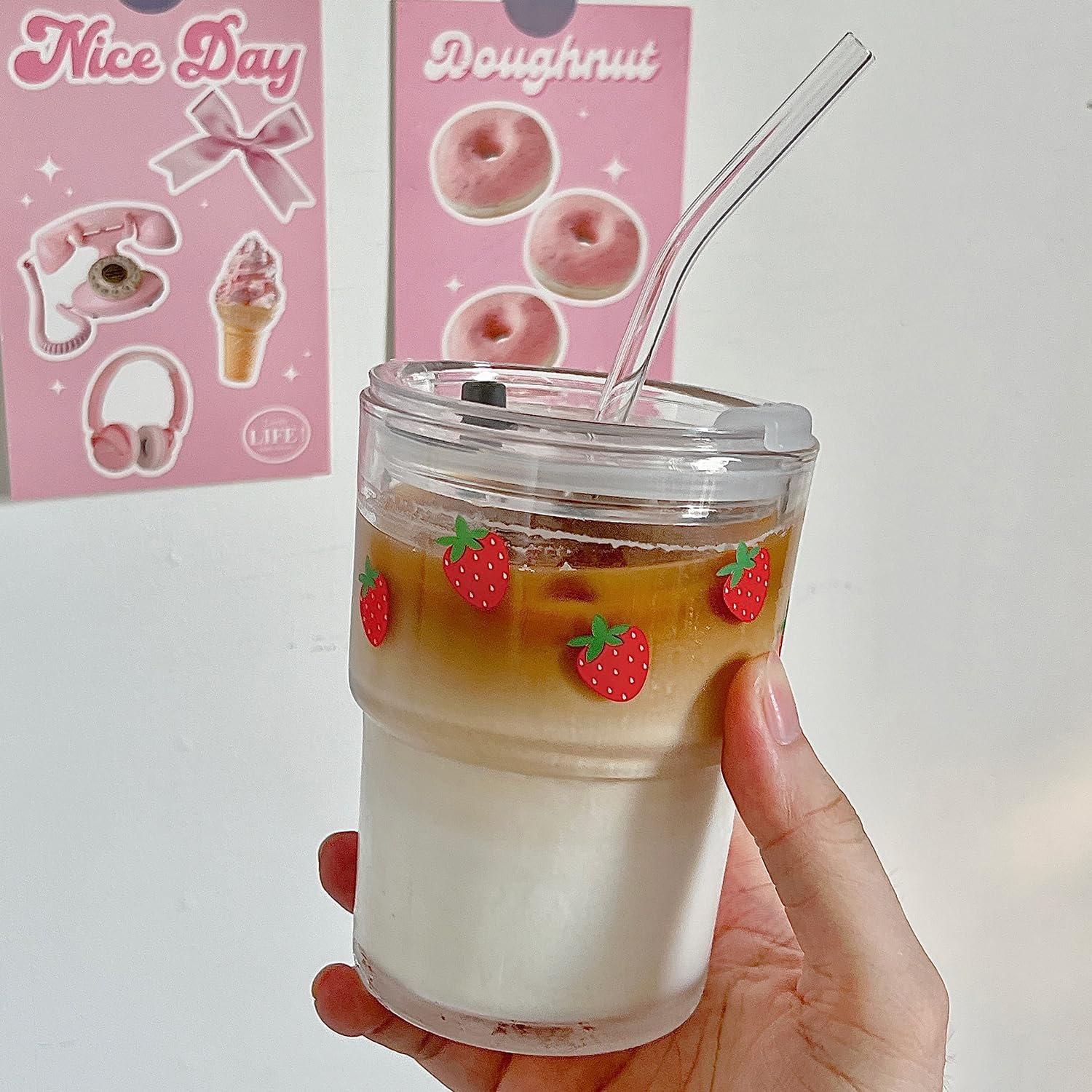 13oz Glass Tumbler with Straw and Lid, Reusable Iced Coffee Cup Tumbler, Cute Glass Cups for Water, Matcha, Travel Coffee Mugs (Strawberry - 13oz) - Image 2