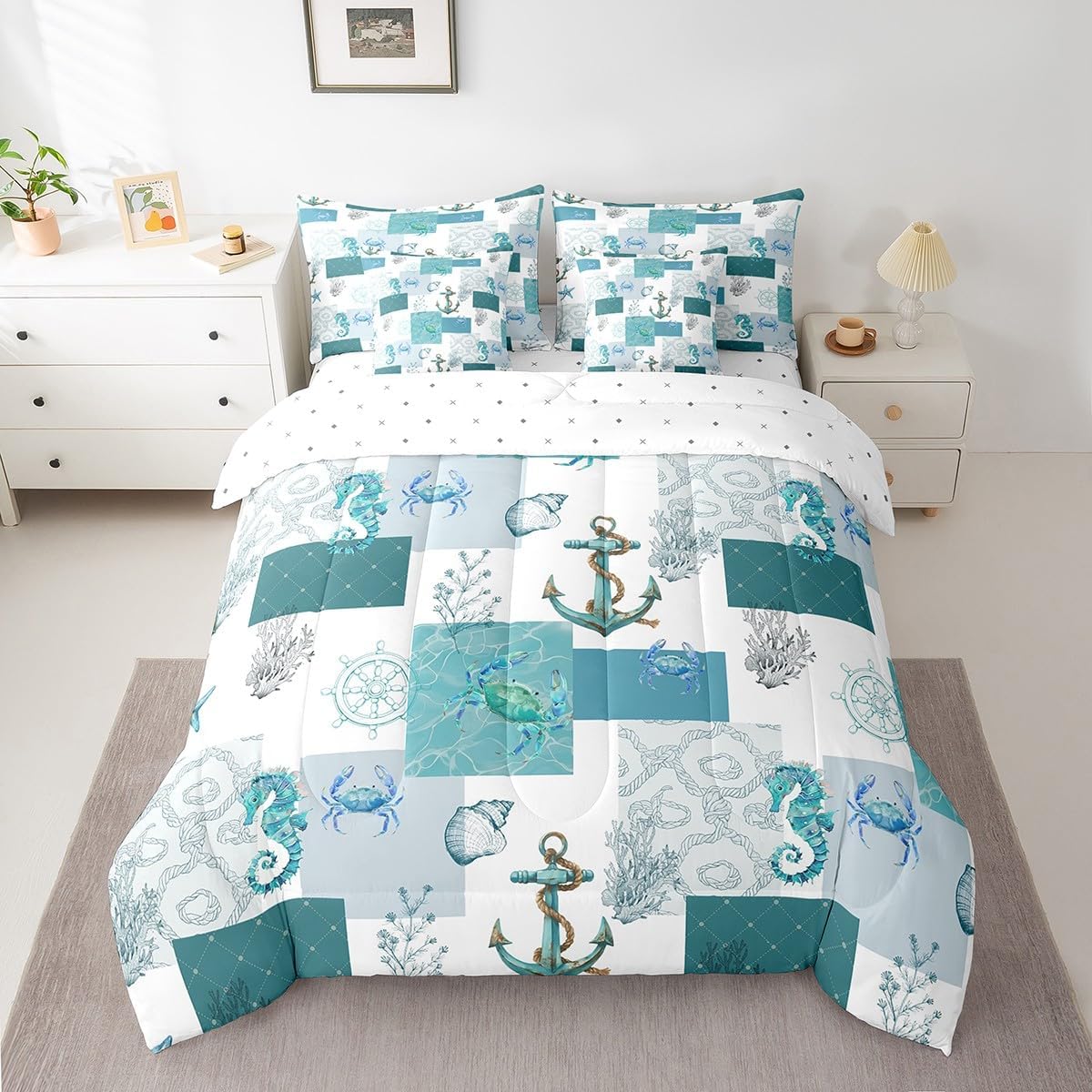 jejeloiu Seahorse Crab Anchor Comforter Set with Sheets Queen Size Kids Ocean Animal Plaid 7 Pieces Bedding Set for Boys Girls Teens Fish Scales Nautical Grid Bed in a Bag Breathable Coastal Bed Set