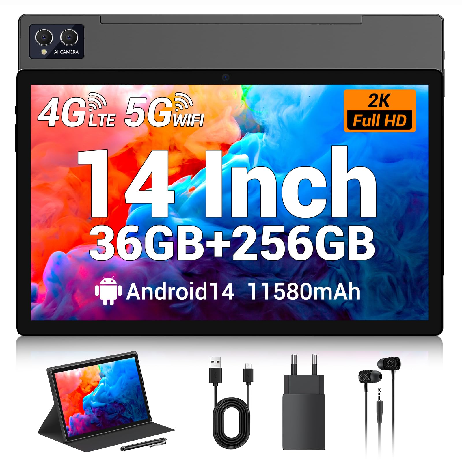TIGERFU Tablet 14 Pollici, Android 14 Tablet con Sim, 36GB RAM+256GB ROM(TF 1TB), 4G LTE+5G/2.4G WiFi,Octa-Core,8MP+13MP,11580mAh, 1920 * 1200 FHD, 4 Speakers, GPS, Tab con Penna/Custodia (Grigio)