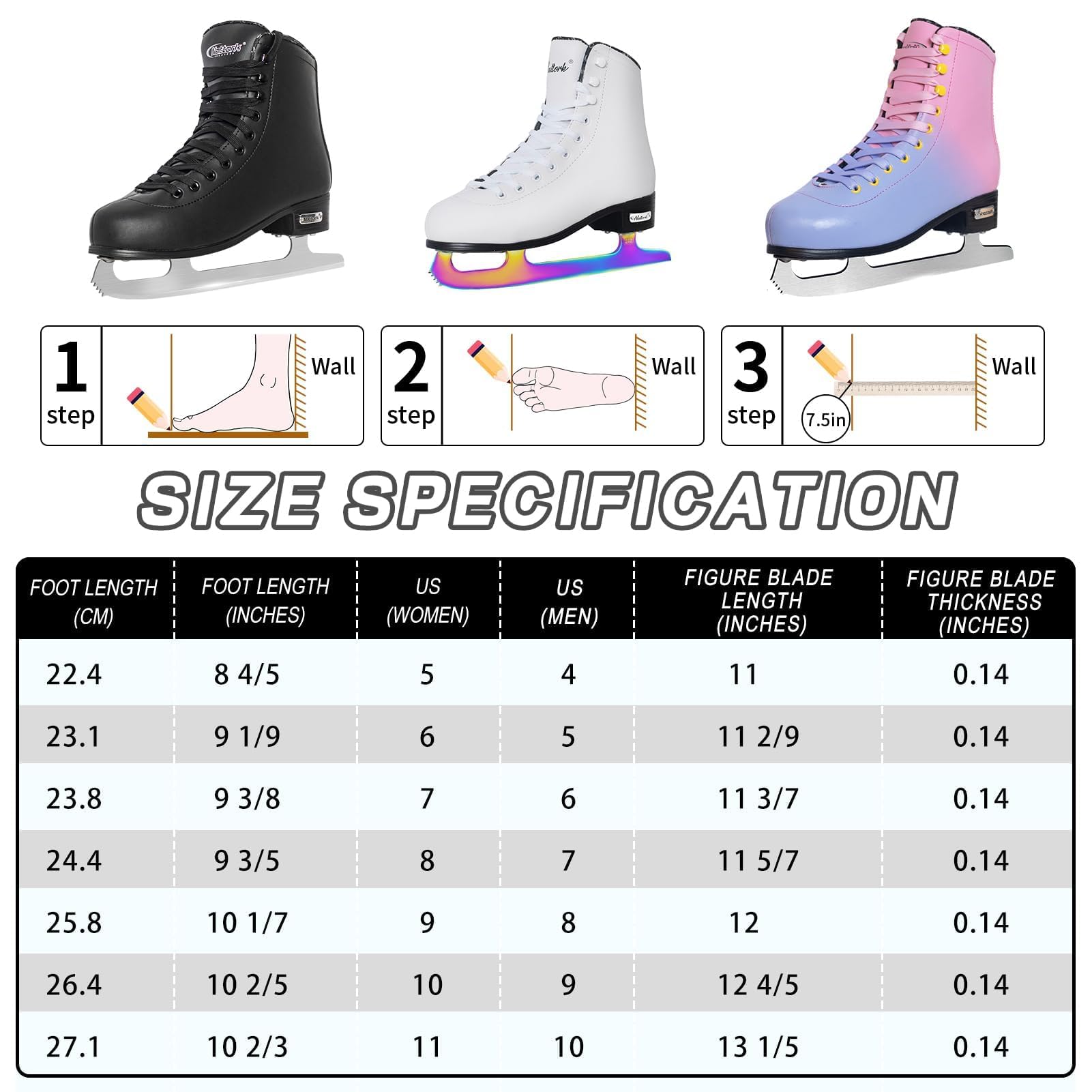Nattork Patins artistiques Excellence, patins en acier inoxydable pour un soutien, une résistance, des performances et un confort ultime pour les adolescents et les adultes