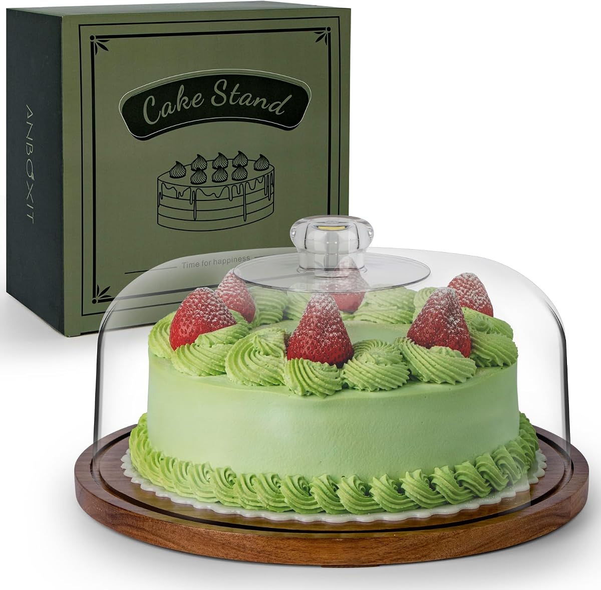 ANBOXIT Cake Stand with Dome Lid, Acacia Wood Cake Plate with Cover | Wooden Cake Display Stand with Acrylic Dome - Flat